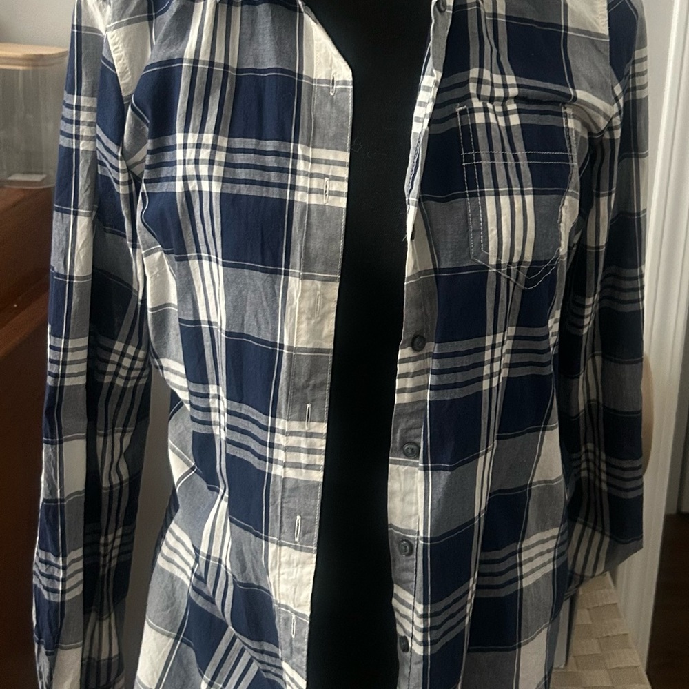 Blue and White Plaid Button-Up Shirt